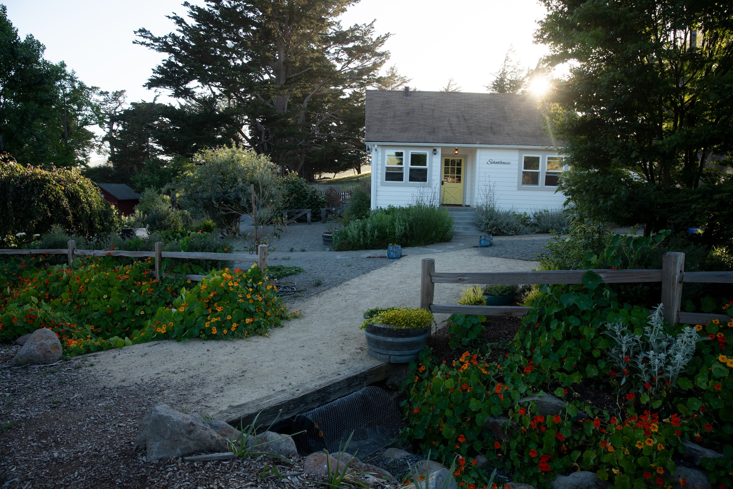 White farmhouse with a yellow door surrounded by lush gardens and trees at sunset