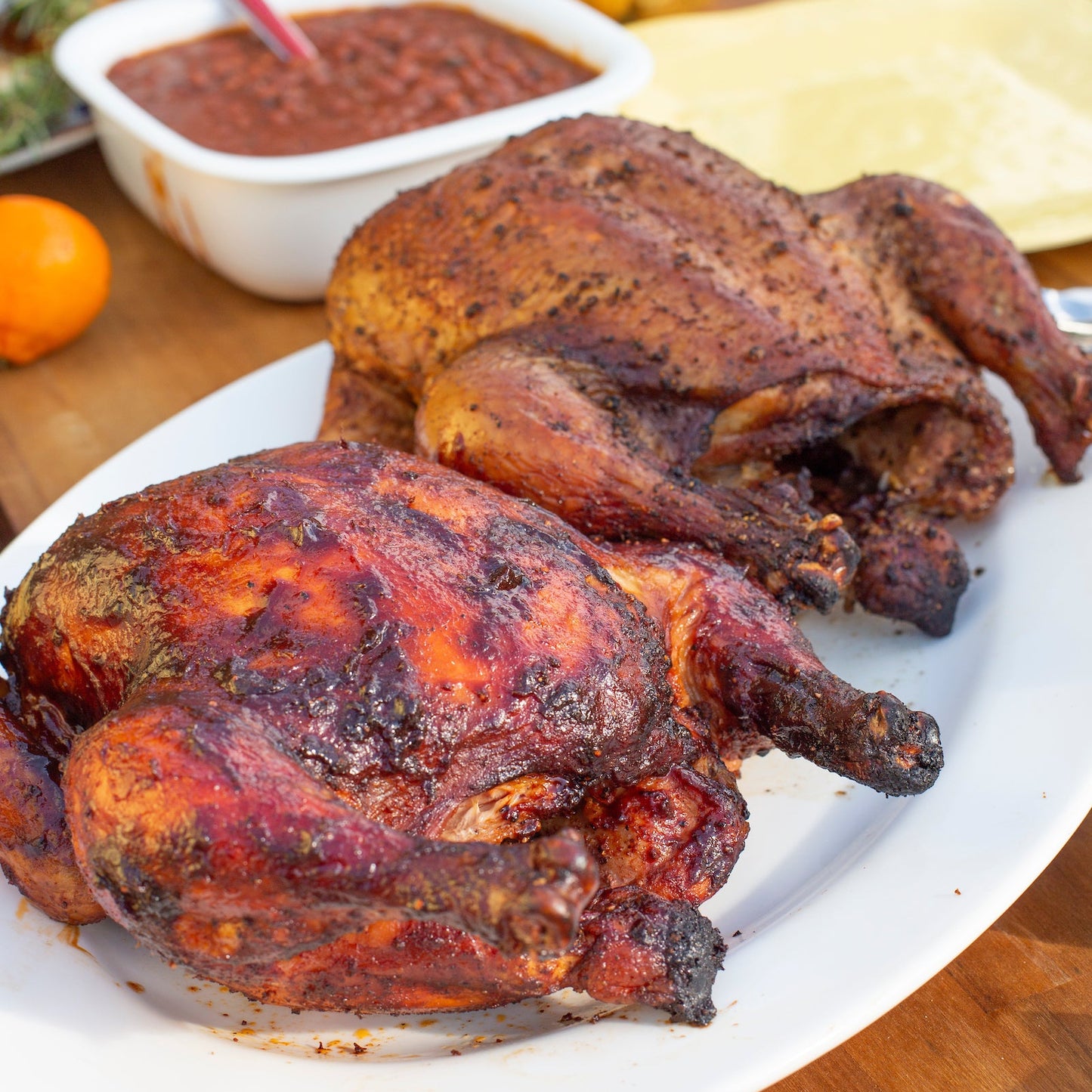 Two roasted chickens on a platter with a side of sauce and bread in the background.