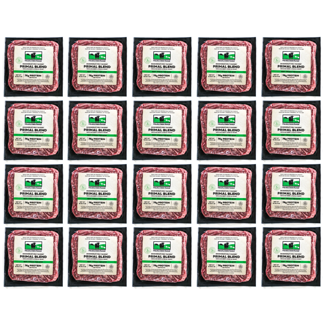 Grid of packages of Primal Blend meat with labels on a white background