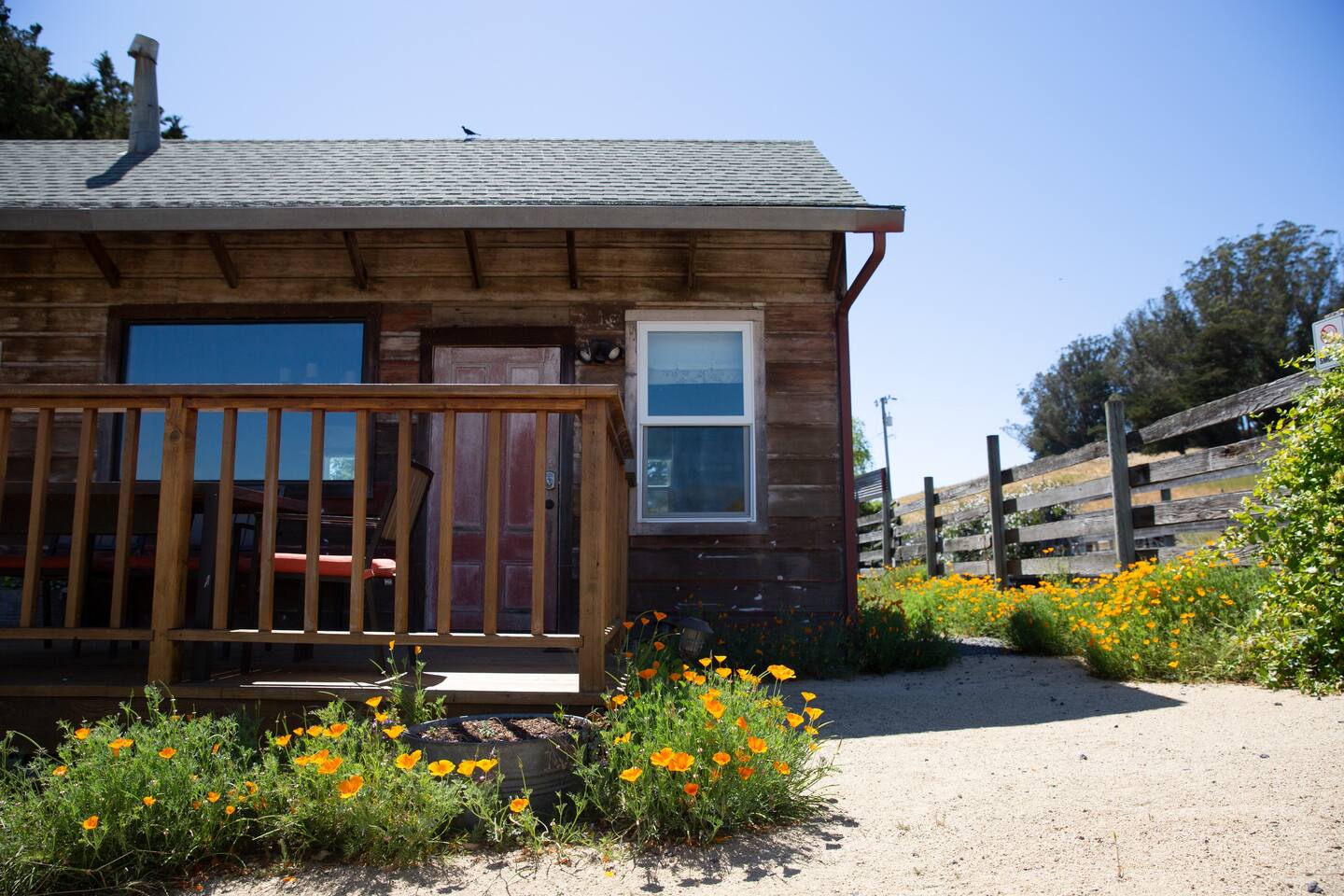 The deck and front door to The Cabin.