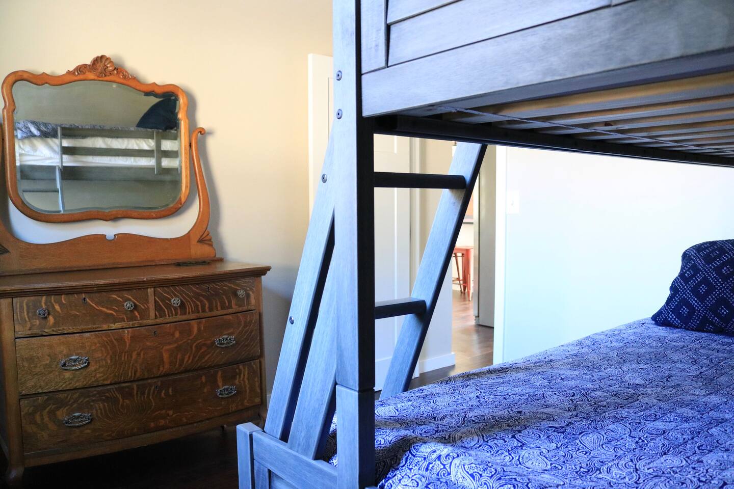 The second bedroom has bunkbed with a full on the bottom and a twin on the top.