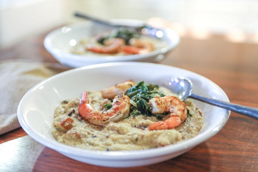 Andouille, Bacon & Shrimp Grits with Garlicky Greens