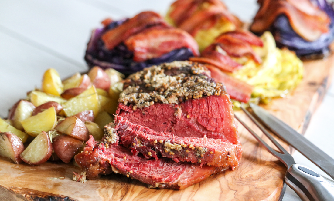 Crusted Corned Beef with Roasted Cabbage, Bacon, and Stout Reduction