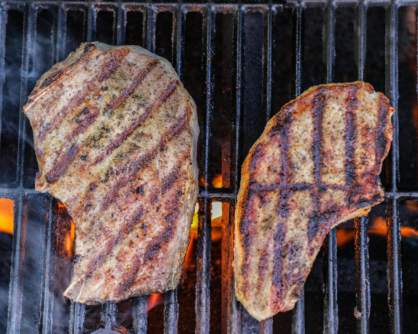 Two pieces of grilled meat on a barbecue grill with visible flames.