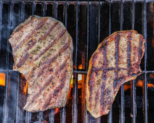 Two pieces of grilled meat on a barbecue grill with visible flames.