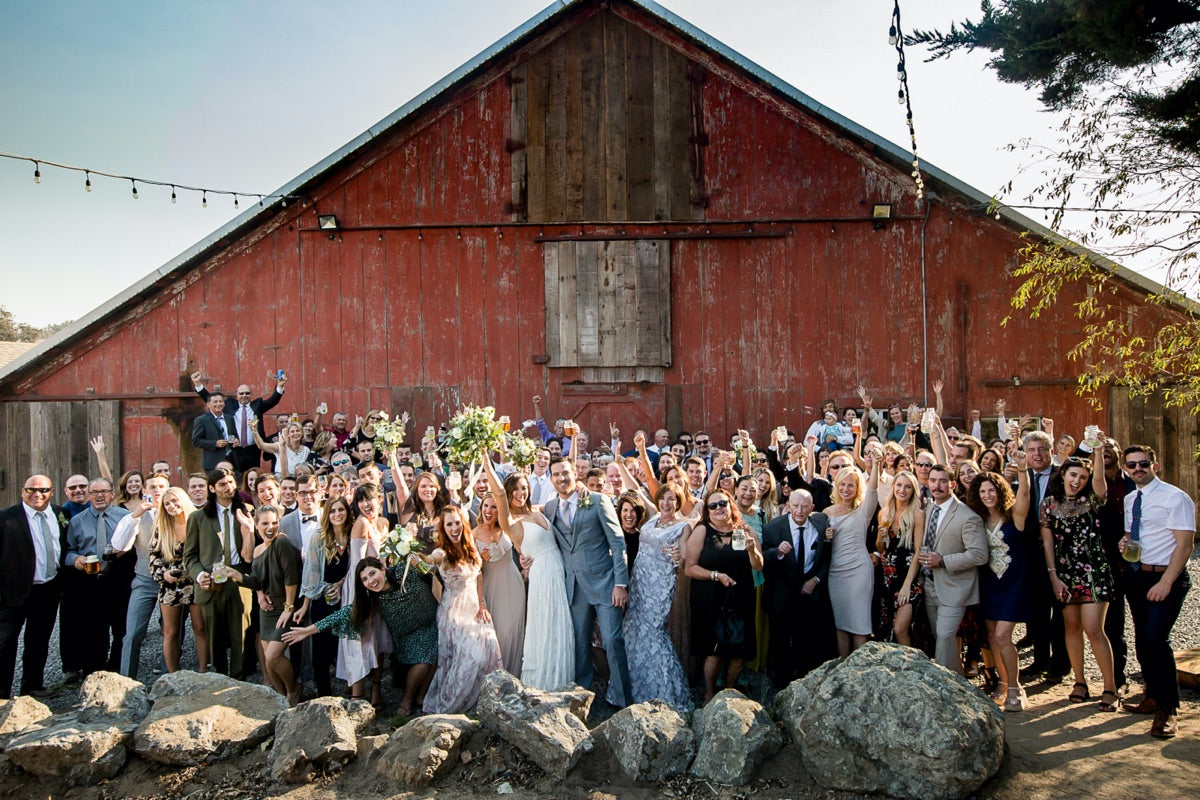 Wedding party celebrating at the classic barn