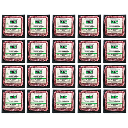 Grid of packages of Primal Blend meat with labels on a white background